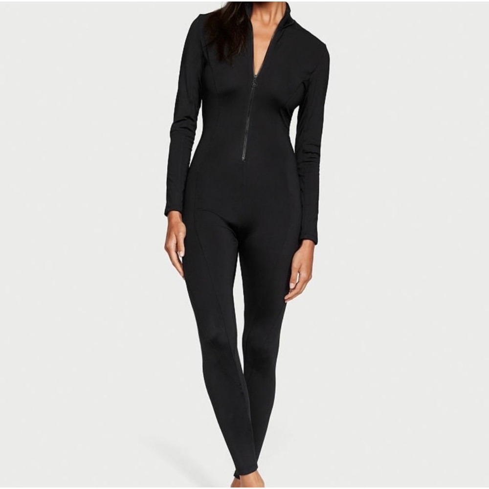 Victorias Secret Pink‎ Black Long Sleeve Catsuit Jumpsuit Quarter Zip Mock Neck